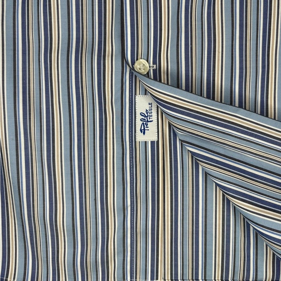 Egara Men’s Slim Fit Blue Tan White Striped Dress Shirt Floral Cuff/Neckline XL - Picture 10 of 10